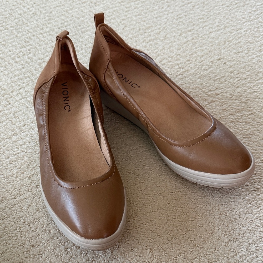 Vionic Tan Leather Slip-On Comfort Flats